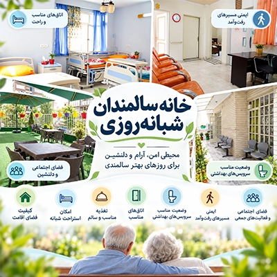 ویژگی خانه سالمندان شبانه روزی مجهز شامل اتاق مناسب، تغذیه سالمند، خدمات پرستاری و فضای عمومی
