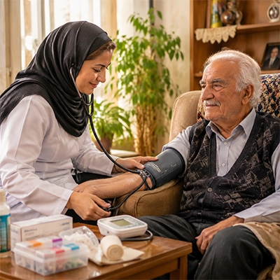 پرستار خانم مهربان در حال اندازه‌گیری فشار خون یک سالمند ایرانی در محیطی گرم و صمیمی؛ میز کنار تخت شامل جعبه‌های دارو و تجهیزات پزشکی منظم است که خدمات پرستاری در منزل را نشان می‌دهد.