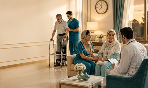 محیط آرام و امن یک خانه سالمندان؛ کادر پزشکی شامل پزشک و پرستار در حال بررسی وضعیت یک زوج سالمند و ارائه خدمات تخصصی ارتوپدی و مراقبت‌های شبانه‌روزی در فضایی با نور طبیعی.