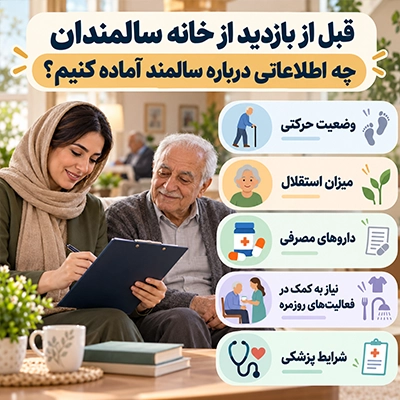 اطلاعات لازم قبل از بازدید خانه سالمندان شامل وضعیت حرکتی، میزان استقلال، داروهای مصرفی و شرایط پزشکی سالمند