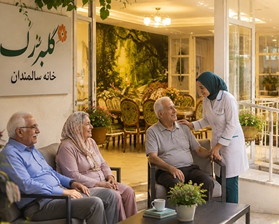 محیط شاد، لوکس و آرامش‌بخش خانه سالمندان گلبرگ تهران با حضور پرسنل مهربان در تراس سرسبز