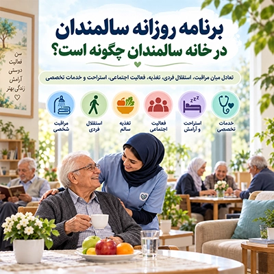 برنامه روزانه سالمندان در خانه سالمندان شامل مراقبت، استقلال فردی، تغذیه، فعالیت اجتماعی، استراحت و خدمات تخصصی